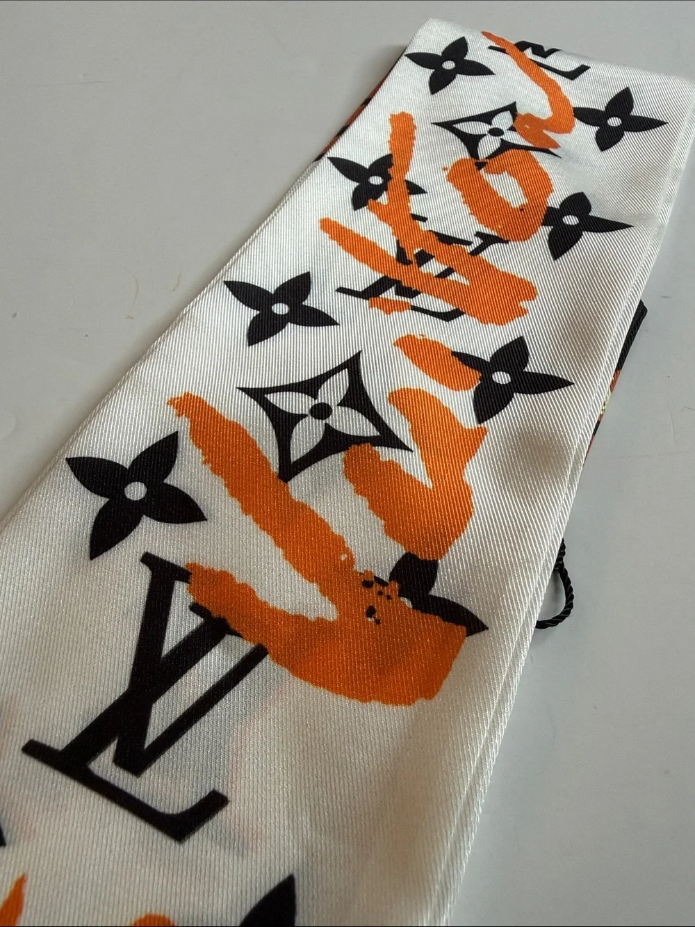 White & Orange Monogram Silk Scarf/Twilly